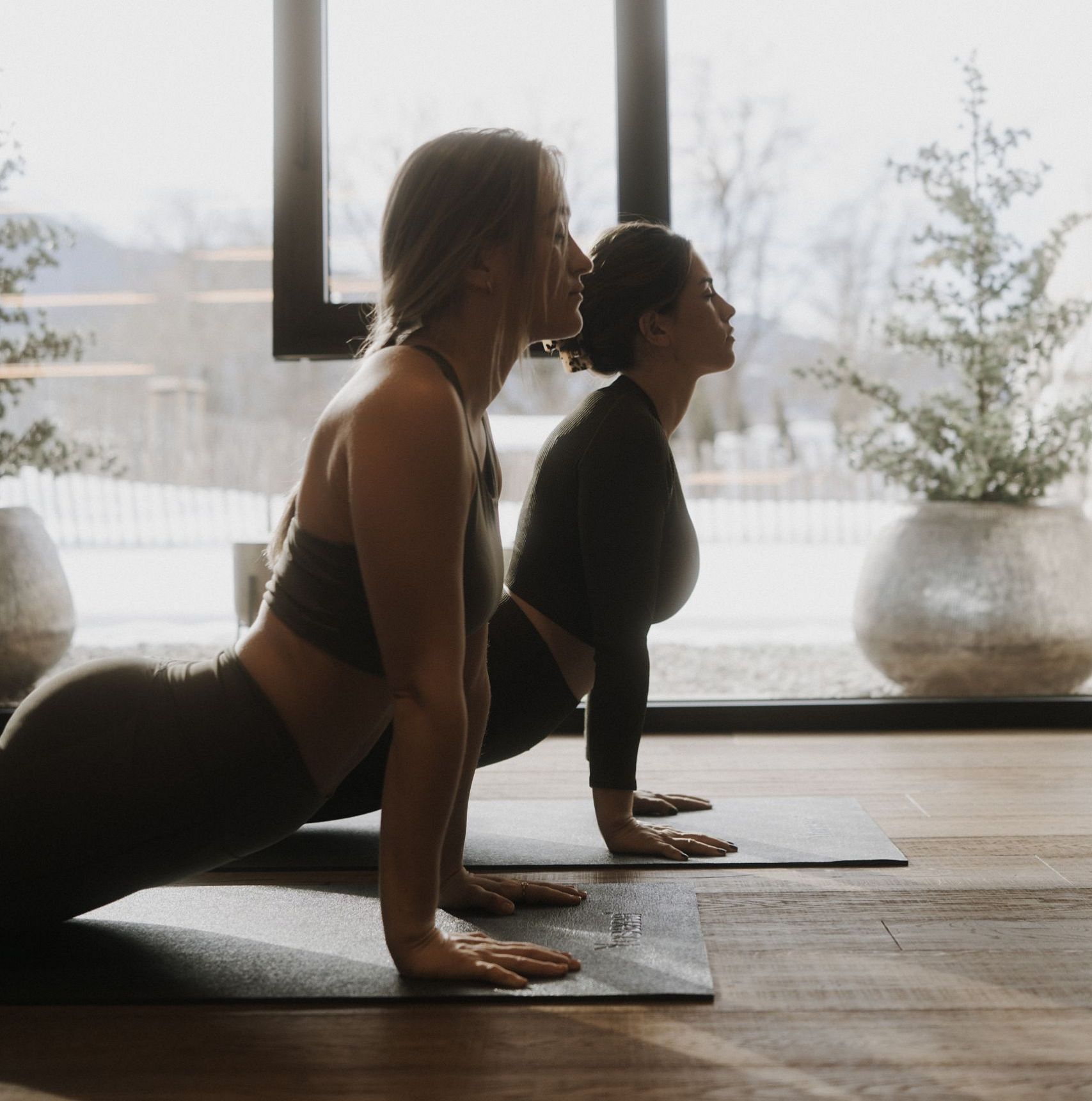Zwei Frauen beim Yoga in einem lichtdurchfluteten Raum mit großen Fenstern und Pflanzen. Sie sind in entspannter Pose und schauen nach vorne.